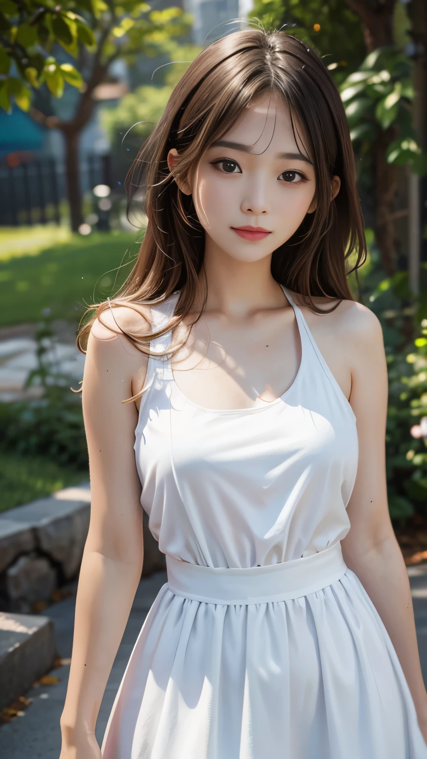 最high quality, masterpiece, One girl, Beautiful Face, (Photo Real:1.3), Edge Light, (Highly detailed skin:1.2), 8k, Ultra HD, Digital single-lens reflex camera, high quality, High resolution, 4K, 8k, Bokeh, Absurd, Optimal ratio of four fingers to one thumb, (Realistically:1.3), かわいいOne girl, Wearing a white T-shirt, Medium chest, White short dress,A pure sunny smile,