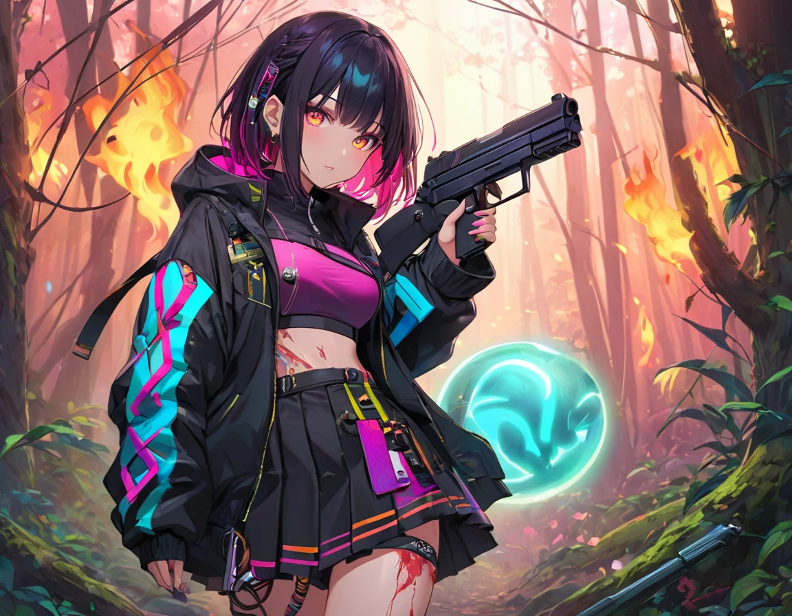 1 girl, 独自of, 长of_hair, Bangs_between_this_眼睛是黑色of_hair_and_iling_绿色of, With a_color_
绿色of_Neon eyes, 性感of_Face, gun_exist_hand, 正确of_hand, Cyberpunk_clothiss, 短of_jacket, Umbilical cord appears, 短of_skirt, covered in wounds_leg, left_hand臂_band, Tattoo_more than_Umbilical cord_background_of_abandoned_forest_exist_flame, comics_style_image .