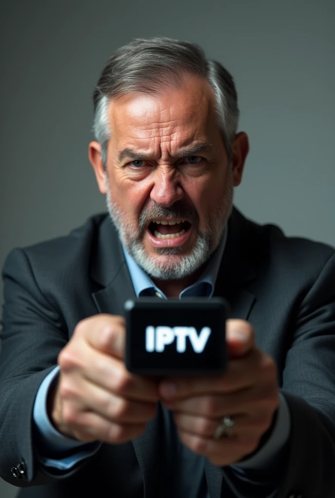 ANGRY TV MAN holding a remote control that says IPTV