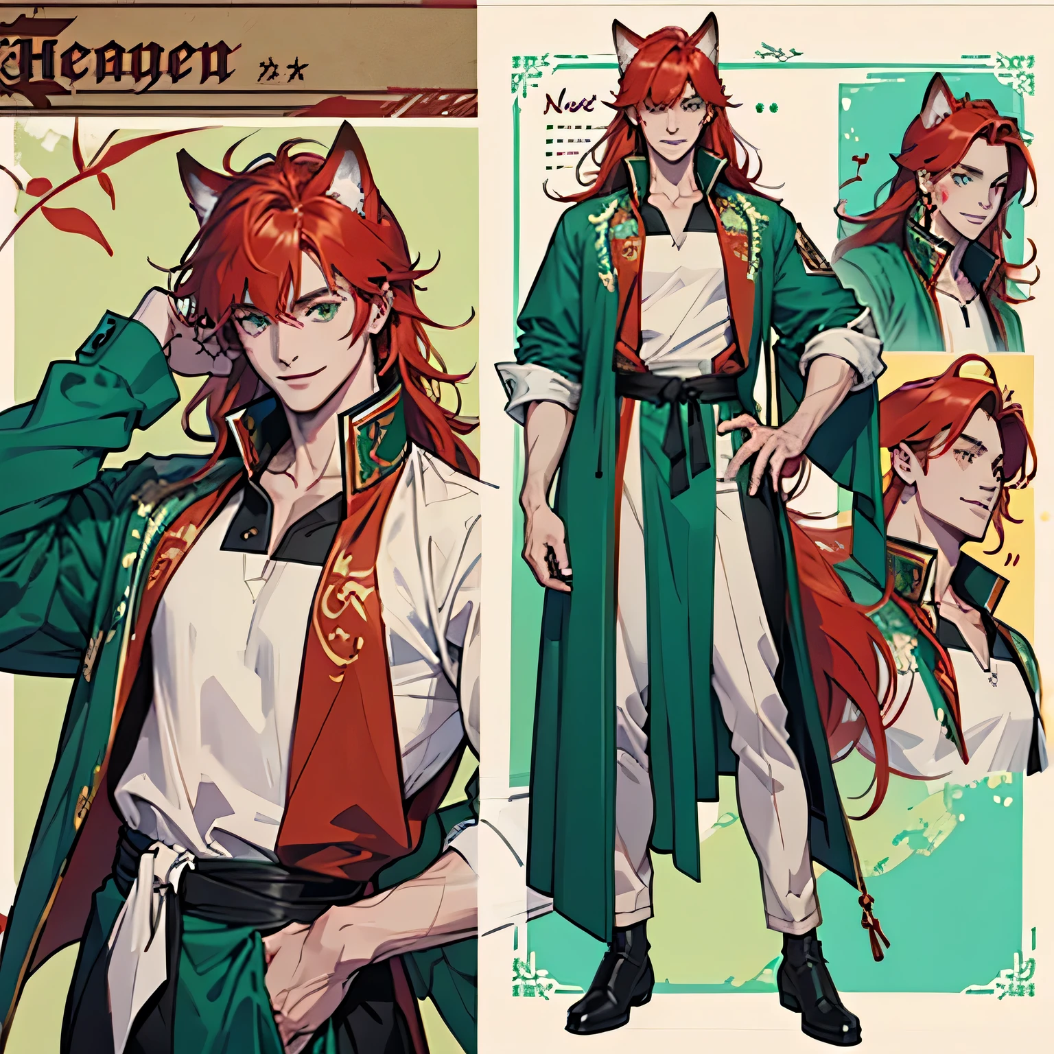 male original character reference sheet adoptable, redhead, green eyes, long hair, looking at viewer, smile, bangs, animal ears, wolf ears red, wolf tail fluffy red, turquoise clothing, body full, various positions
