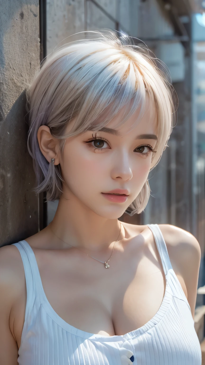 masterpiece, Highest quality, Very detailed, 8k, Realistic, One Girl, alone, Tomboy, Very detailed face, (head shot:1.5), Standing in front of a wall covered in hip hop graffiti, Pixie cut white hair, He is wearing a short tank top,I can see your chest,Nice ass,