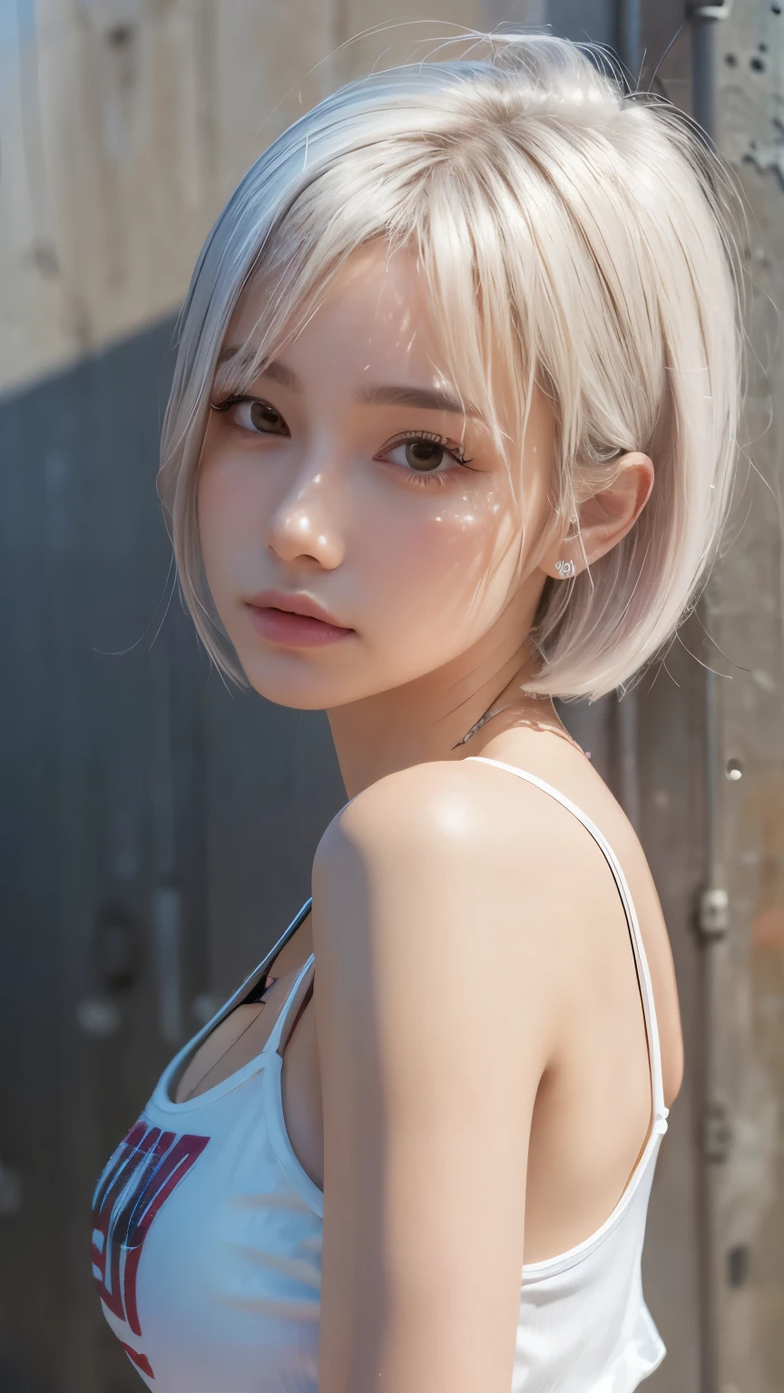 masterpiece, Highest quality, Very detailed, 8k, Realistic, One Girl, alone, Tomboy, Very detailed face, (head shot:1.5), Standing in front of a wall covered in hip hop graffiti, Pixie cut white hair, He is wearing a short tank top,I can see your chest,Nice ass,
