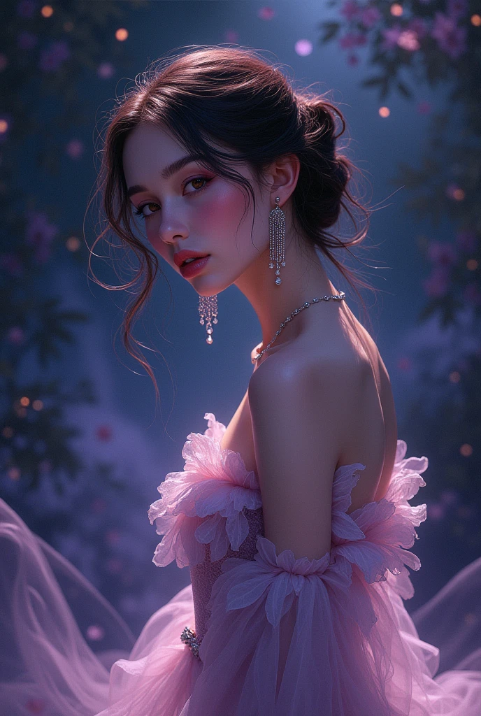 A captivating and enchanting illustration by the talented artist Rosi Ramírez, featuring a graceful young woman with a delicate and ethereal appearance. The femme fatale is adorned with intricate jewelry and wears a flowing dress that contrasts with the darker surroundings. The background is a blend of deep purples and blues, with a celestial feel, as if the woman is floating among the stars. The overall ambiance of the illustration is darkly romantic and whimsical.