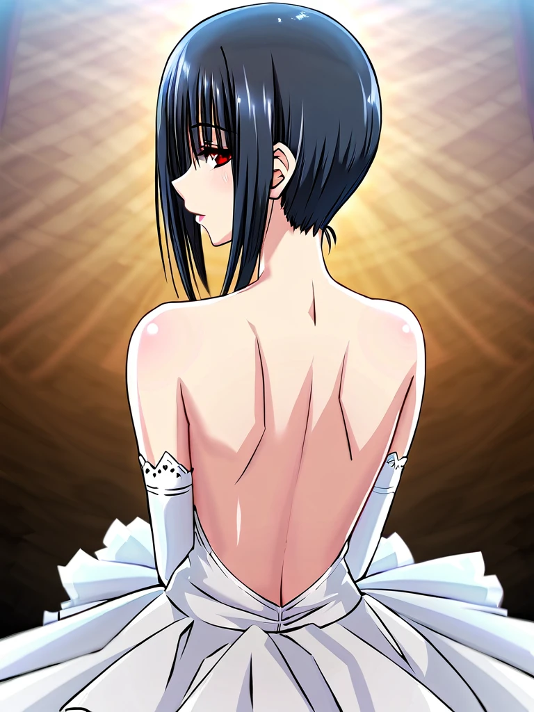 tokisaki kurumi,((masterpiece)),(((best quality))),((ultra-detailed)),((illustration)),((disheveled hair)),((frills)),(1 girl),(solo),Wavy hair secretary,solitary,Exquisite eyes,Fine black hair,( Smooth skin:1.2)( Wear a gorgeous and sparkling evening gown:1.2), Slender body proportions,Back,Gorgeous room,backless outfit,back focus,from behind,Simple background, Blurred Background, Glossy background,long hair,Hairstyle,upper body,