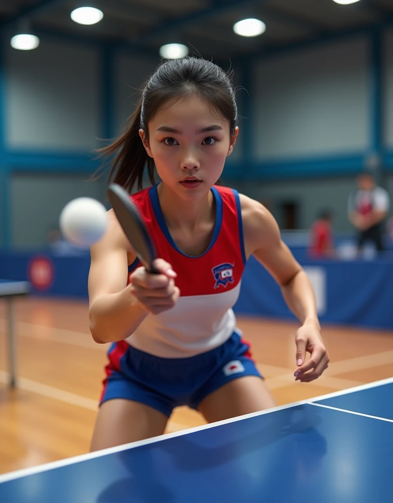 (Photorealism:1.2), beautiful woman, She is playing table tennis.. South Korea national team player.