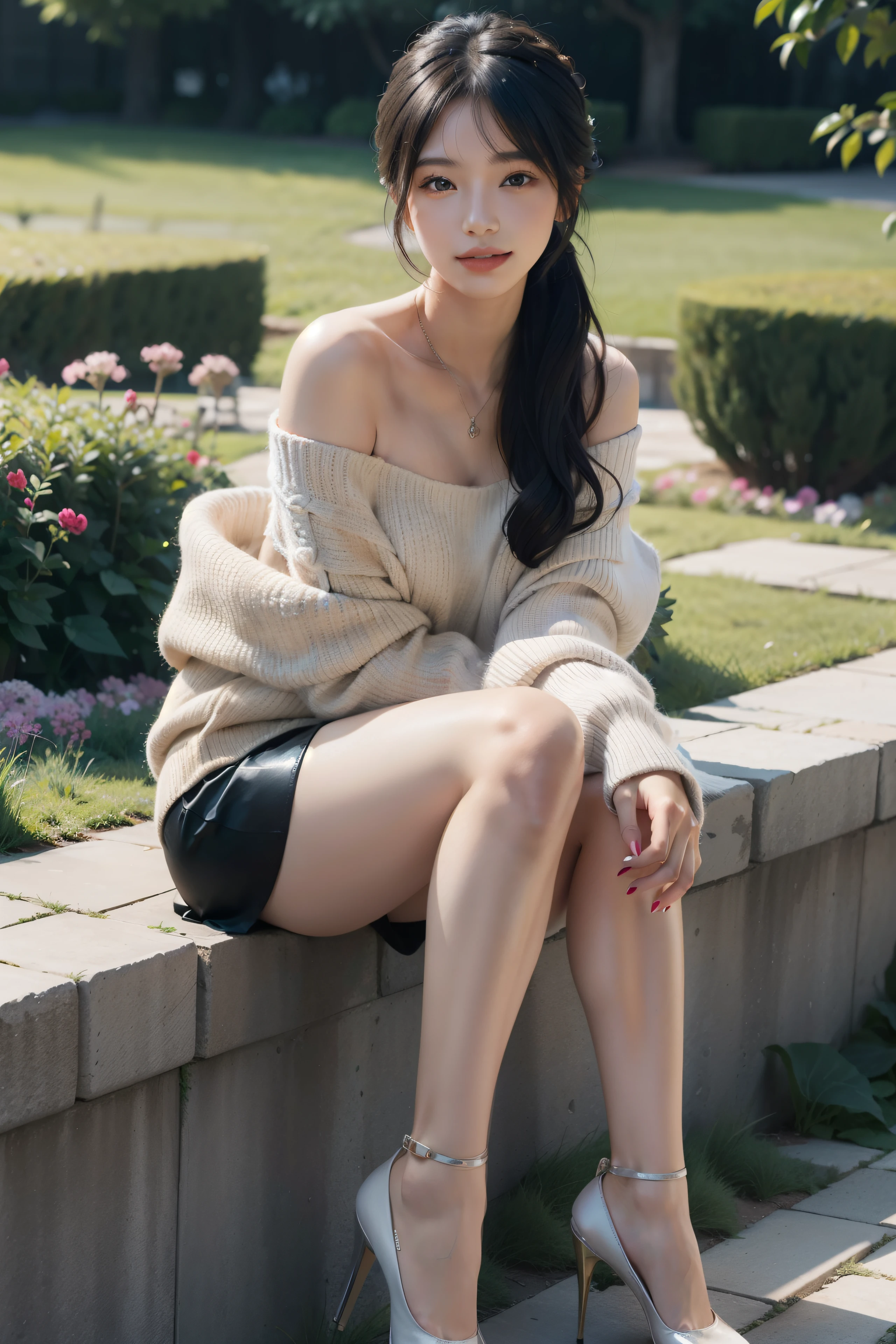 A digital illustration in anime style of a girl posing in a garden field. She has long black hair styled in a ponytail and blue eyes. She is wearing an off-shoulder white sweater and a black satin pencil skirt, black high heels, and a delicate necklace. The image should be ultra-realistic and high resolution (8K), with a clear and sharp depiction. The girl is smiling, with beautifully structured features and stunning legs, looking directly at the viewer. The content should be highly detailed, with an exquisite and sublimely beautiful presentation. The background should include a garden, adding to the overall masterpiece quality of the illustration.