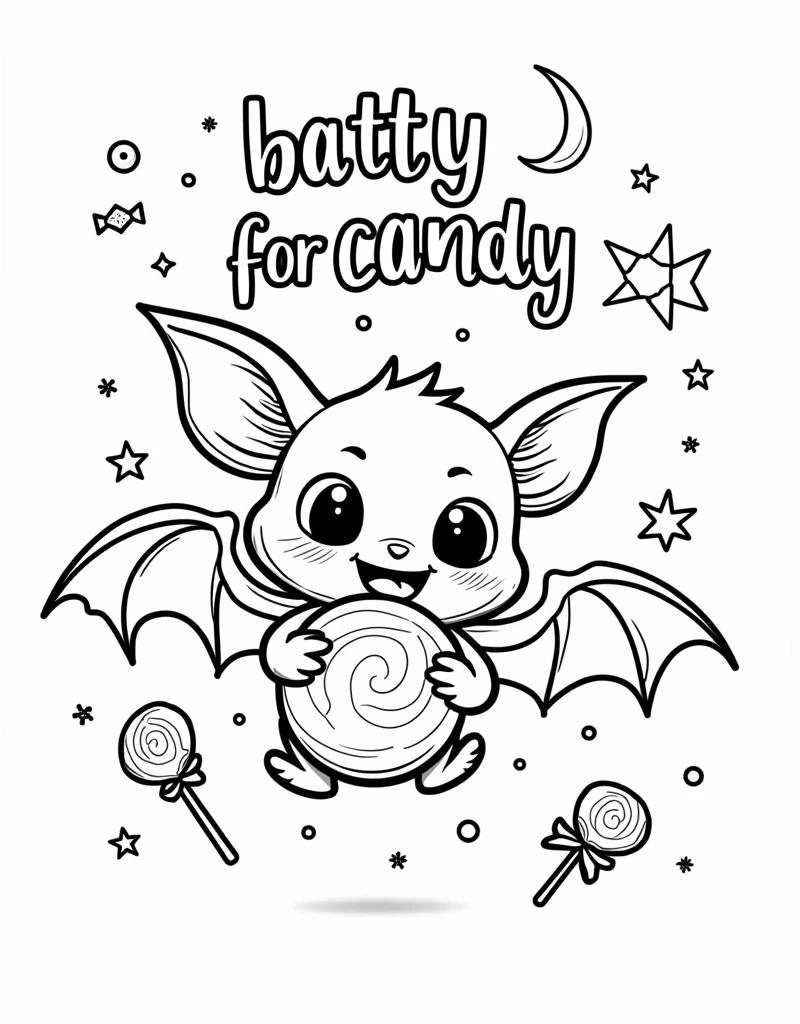 A coloring page design with the phrase "BATTY FOR CANDY" at the top, written in a whimsical, spooky font outlined in black. Below the text, a cute bat is holding a big candy in its mouth, with wings spread wide. The bat has a happy expression, and around it, there are floating candies, small stars, and a crescent moon. The design is in clean, black-and-white line art with medium-weight outlines and no gray shading.