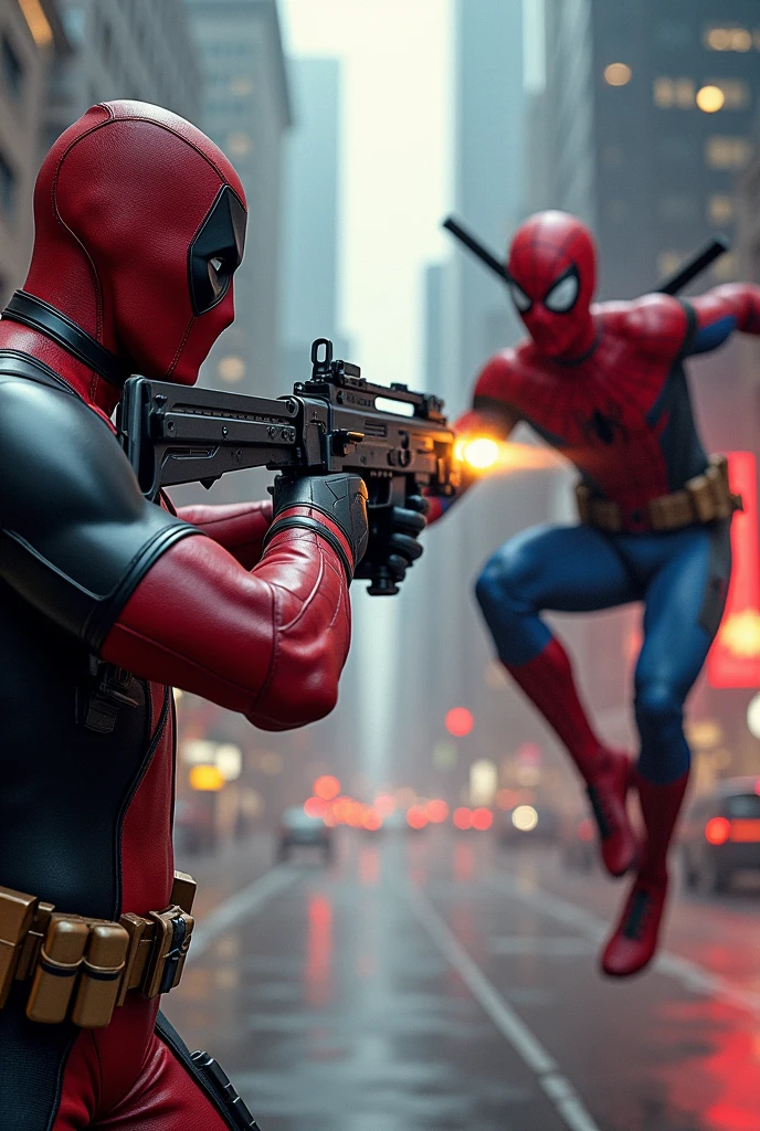 Deadpool shooting spiderman with u gun
