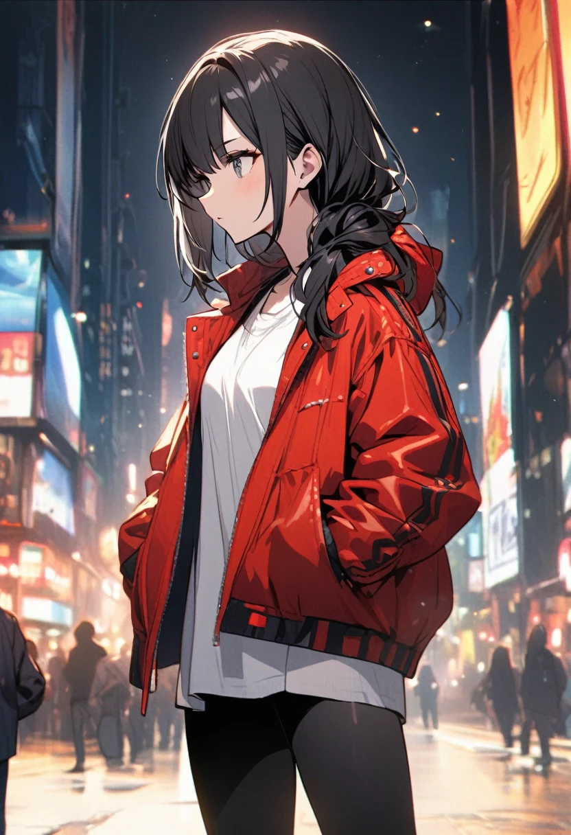 black hair, white shirt, jacket, 1girl, stylish