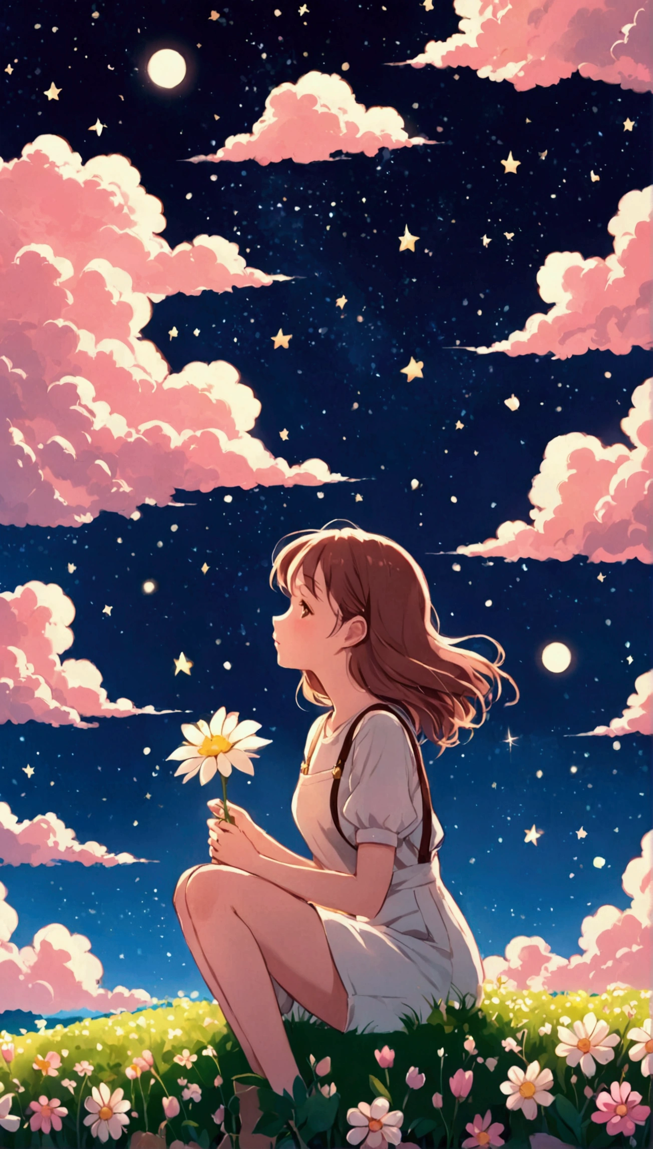 It depicts a lovely girl sitting on her back against a background of blue sky and white and pink clouds, holding a flower in one hand and gazing at the twinkling stars overhead. The space between the clouds is blurred. The overall atmosphere is warm and dreamy, full of romantic elements. It creates a lively and playful visual experience. Animation style cartoon, high quality, detailed.
