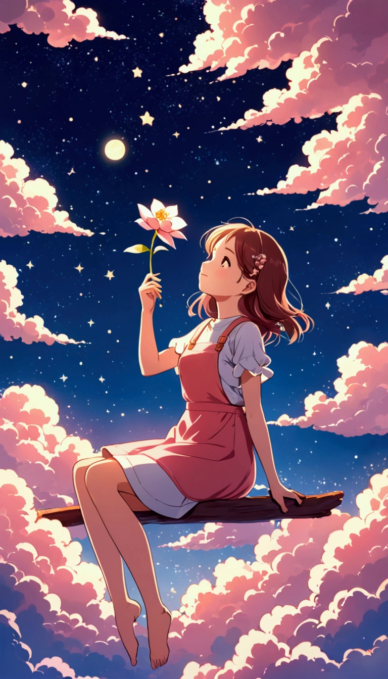 It depicts a lovely girl sitting on her back against a background of blue sky and white and pink clouds, holding a flower in one hand and gazing at the twinkling stars overhead. The space between the clouds is blurred. The overall atmosphere is warm and dreamy, full of romantic elements. It creates a lively and playful visual experience. Animation style cartoon, high quality, detailed.