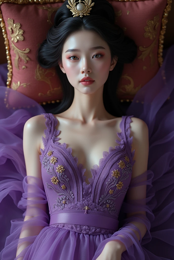 (photorealism:1.2), Using Imperial Purple Chinese Dress, beautiful Queen, lying on the bed, A close-up and straight-on view from above, good body, straight body, give up, big breasts, like Diao Chan, Moderate face.