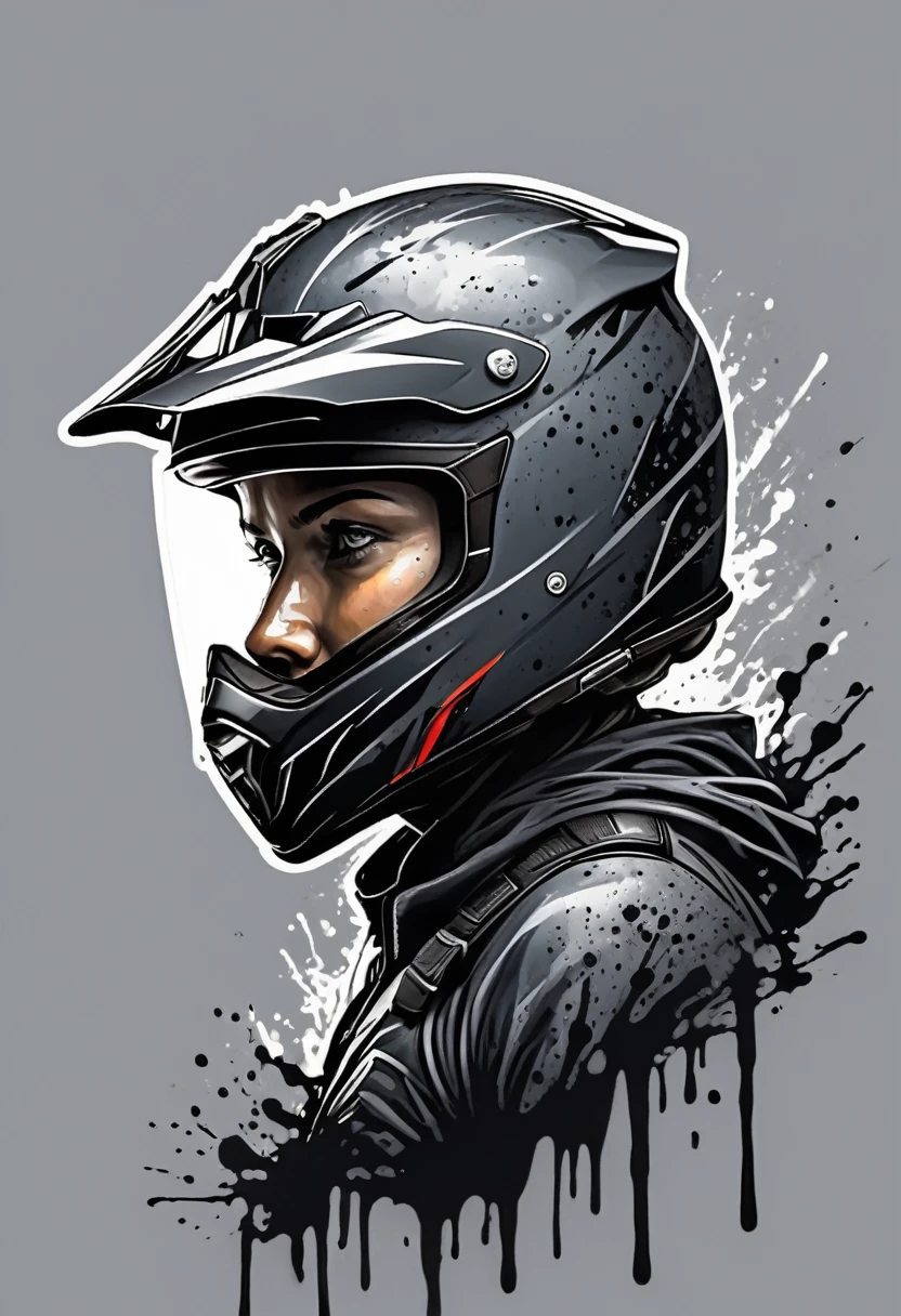 enduro man wearing a motocross black helmet realistic,posing profile close up in a dark room ,behind her a matte greyish liquid ink dripping around ,in a comic look style ,