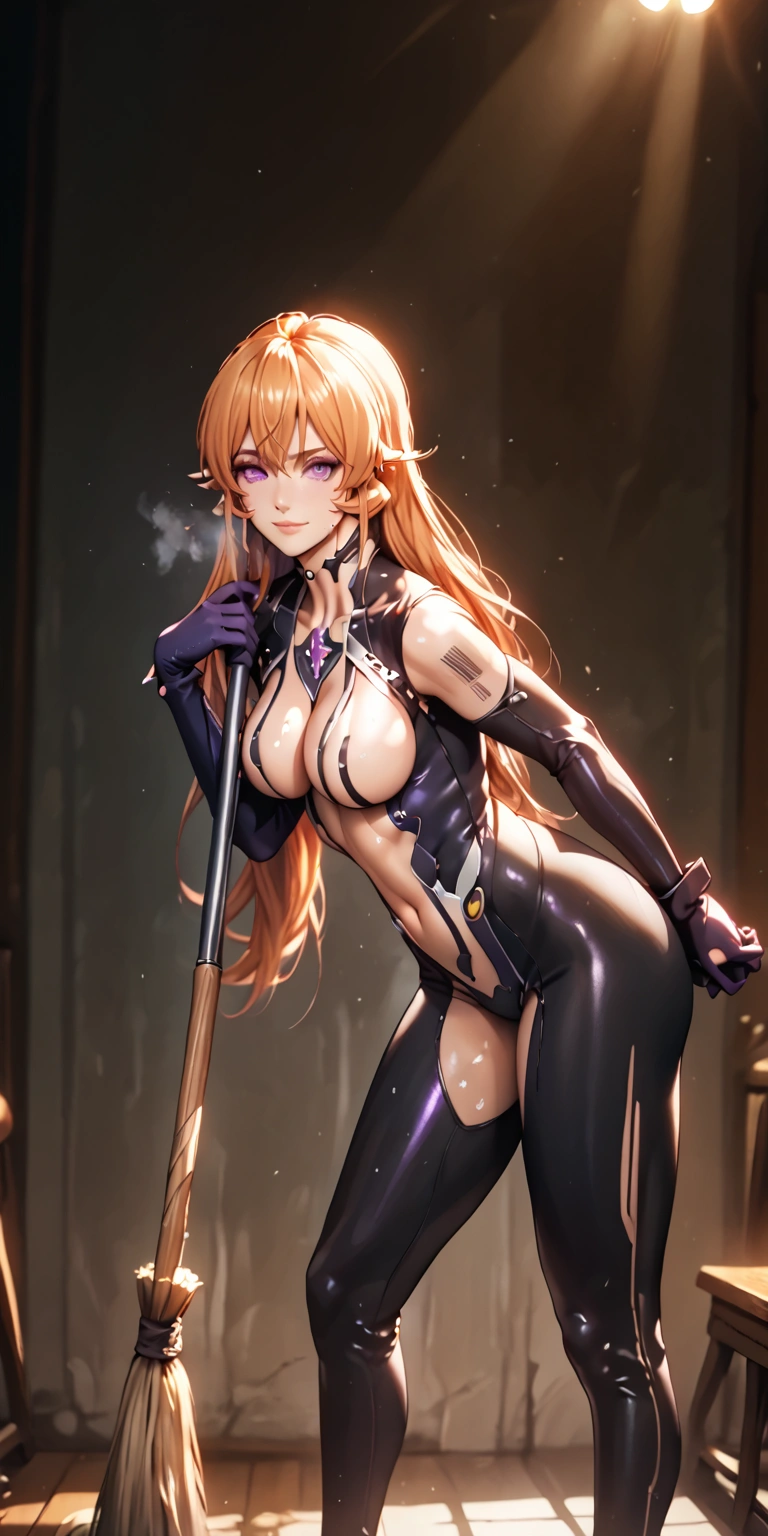 (asura style:0.7), score_9, score_8_up, score_7_up, score_6_up, uncensored, erina nakiri, long hair, orange hair, purple eyes, hair between eyes, BREAK detailed eyes, beautiful eyes, perfect eyes, assertive female, (perfect hands, perfect anatomy), detailed skin texture, (blush:0.5), (goosebumps:0.5), excessive sweating, sweating profusely, sweating drop BREAK, ruanyi0469, Nude color bodysuit, shiny clothes, skin tight, tattoo, barcode, nude, metal spine, BREAK, 1girl, gloves, solo, broom, lips, breasts, standing, blush, looking_at_viewer, leaning_forward, seductive smile, holding, smile, large breasts, gasping, heavy breathing, indoors, spotlight, room, 