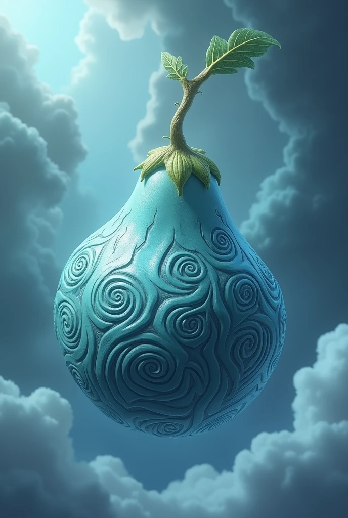 A light blue fruit that has black swirl details on its surface that resemble tornadoes., with pieces of clouds and a lightning-shaped stem