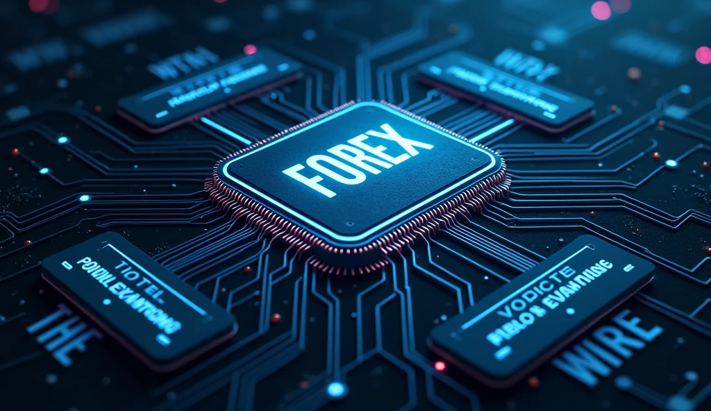 "An illustration featuring a sign with the word 'Forex' designed to resemble an Intel chip, complete with metallic textures and circuit-like patterns. The 'Forex' sign appears at the center, and from it, four distinct branches extend outward. Each branch leads to a labeled section: 1. 'The Functioning of the Forex Market', 2. 'Examples of Market Trading', 3. 'Factors Affecting the Forex Market'. These branches visually represent the division of Forex into various subcategories. The overall design has a technological and futuristic feel, emphasizing connectivity and data flow, with a clean, sharp aesthetic."



