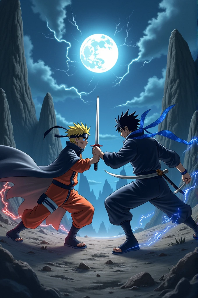 Naruto and Sasuke fighting in the dark night and full moon  