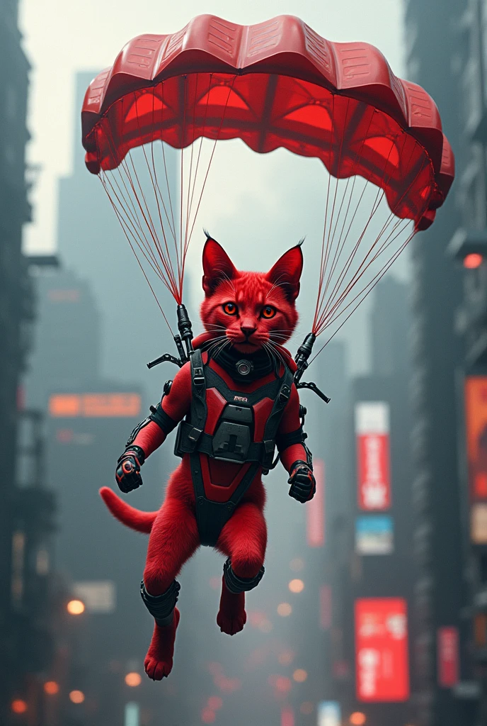 A parachuting cyberpunk cat with red fur shitting in the air