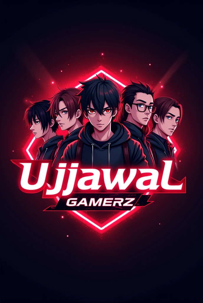 This is a gaming logo that features the name "UJJAWAL GAMERZ" in a futuristic font and a neon Red color. and 4 Anime Boy avtar.