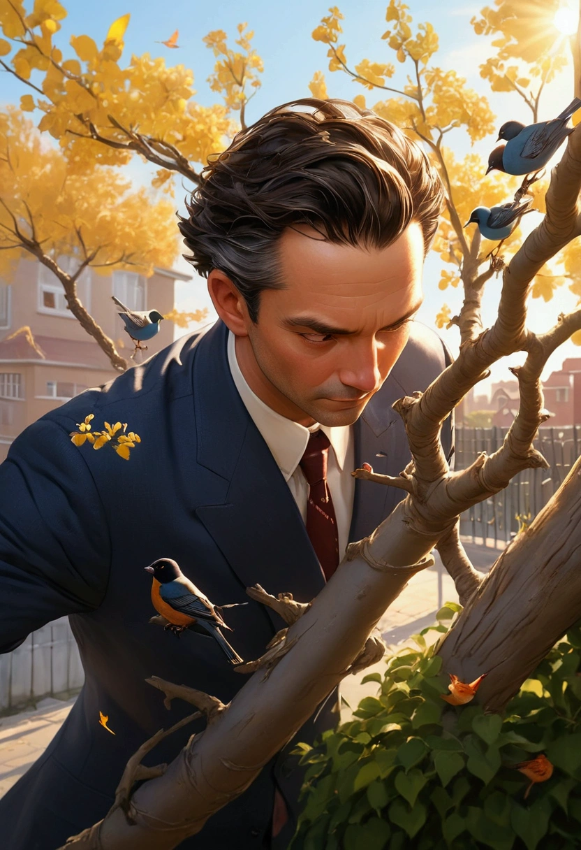 Masterpiece, Top Quality, Super Detail, 1 Man in his 40s, Male Focus, Handsome, Residential Area, Fence, Spindle Tree, Afternoon Sun, After School, Suit, Hand-held Bag, Flock of Birds, Right From the Side, Depth of Field
