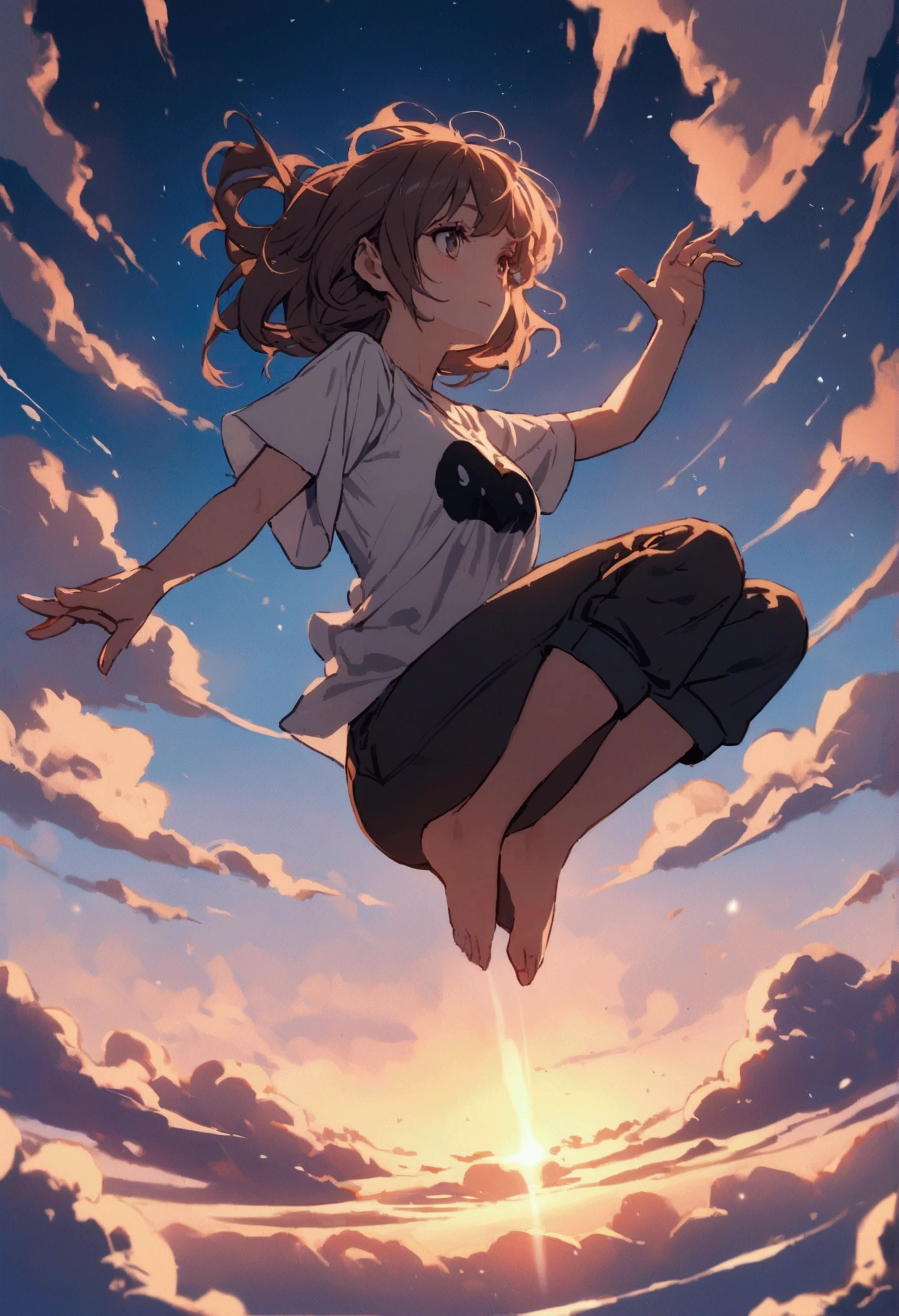 A woman wearing loos shirt and flying in the sky