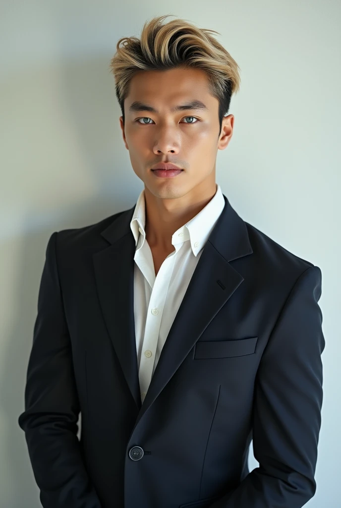 Belle homme en costume type japanese jeune muscle blond au yeux bleu, Photographed with a smartphone, Selfie, Top quality, 1 beautiful men, Perfect Face, Japanese men, age 41, suit, center part, short hair, black hair, Posing like a magazine cover,