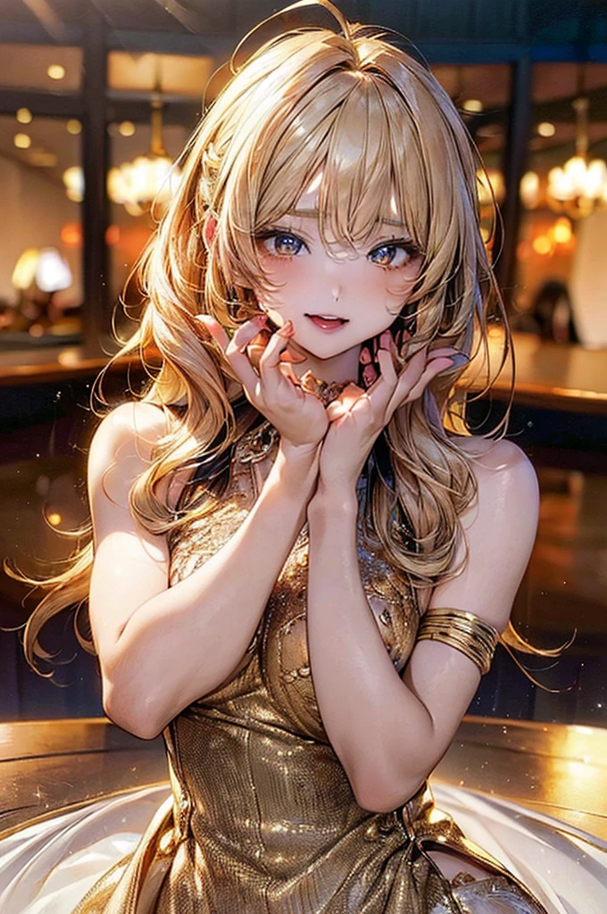 RAW shooting、Realism、Masseter muscle film、a girl、a baby face、very cute、slim and beautiful、((small :1.2))、7Head and body、Well-drawn eyes、charming eyes、double tail、Little giant、collar、Exquisite sequin dress、Champagne gold dress、Chess gangte sleeveless dress with bold opening、Anguished Pose、Luxurious ballroom、dimly lit ballroom、subtitle background