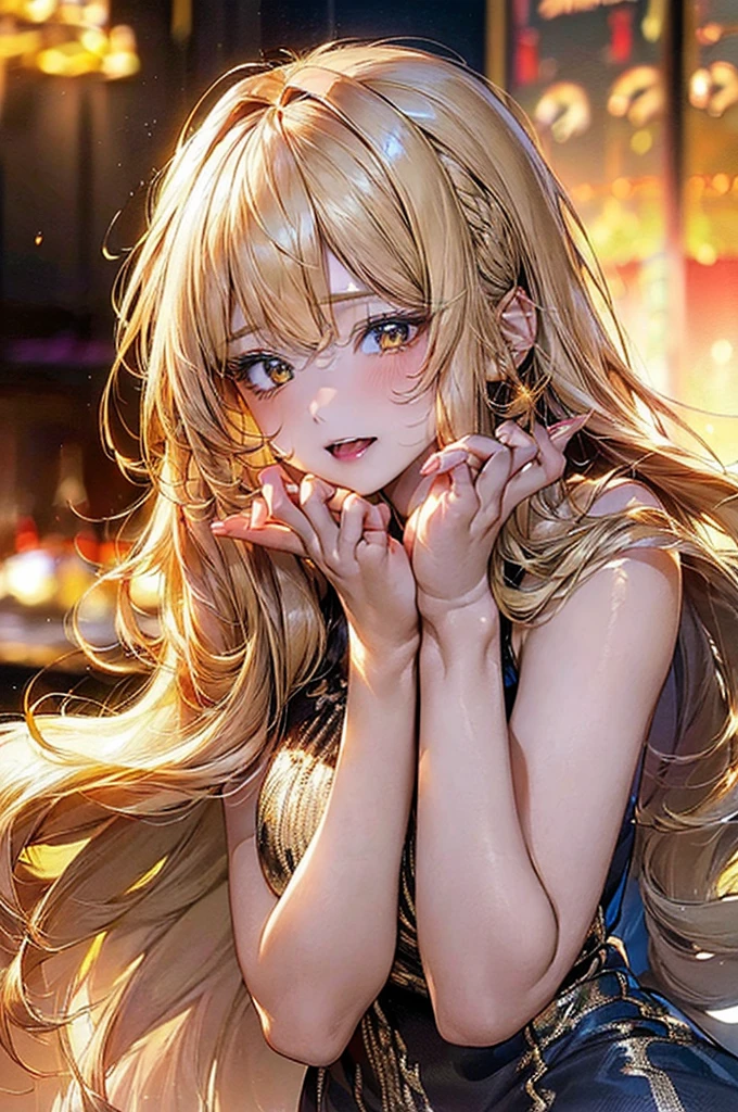 Browsing warnings,​(best quality, 8K, masterpiece:1.3,beautiful girl), (Very detailed)Radiant Skin,(((Long hair,Blonde,Beautiful hair))),(Perfect anatomical structure, Anatomically correct, Very detailed肌),((Golden Eyes)),((Perfect fingers,Five fingers)),Shiny sequined dress，Sexy home from get off work
