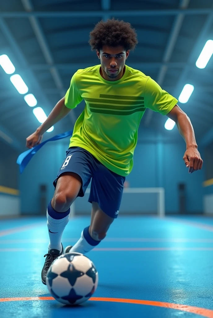 Generate an image of a kicking a ball. He is on a futsal court well lit by white neon lights.. The court floor is blue with orange lines. Your skin is brown and your hair is curly black. His shirt is lime green with horizontal avocado green stripes.. His shorts are navy blue and his socks are halfway up his shin and are completely white.. Your sneakers are black. Your face suggests courage and strength. On your arm there is a blue ribbon.