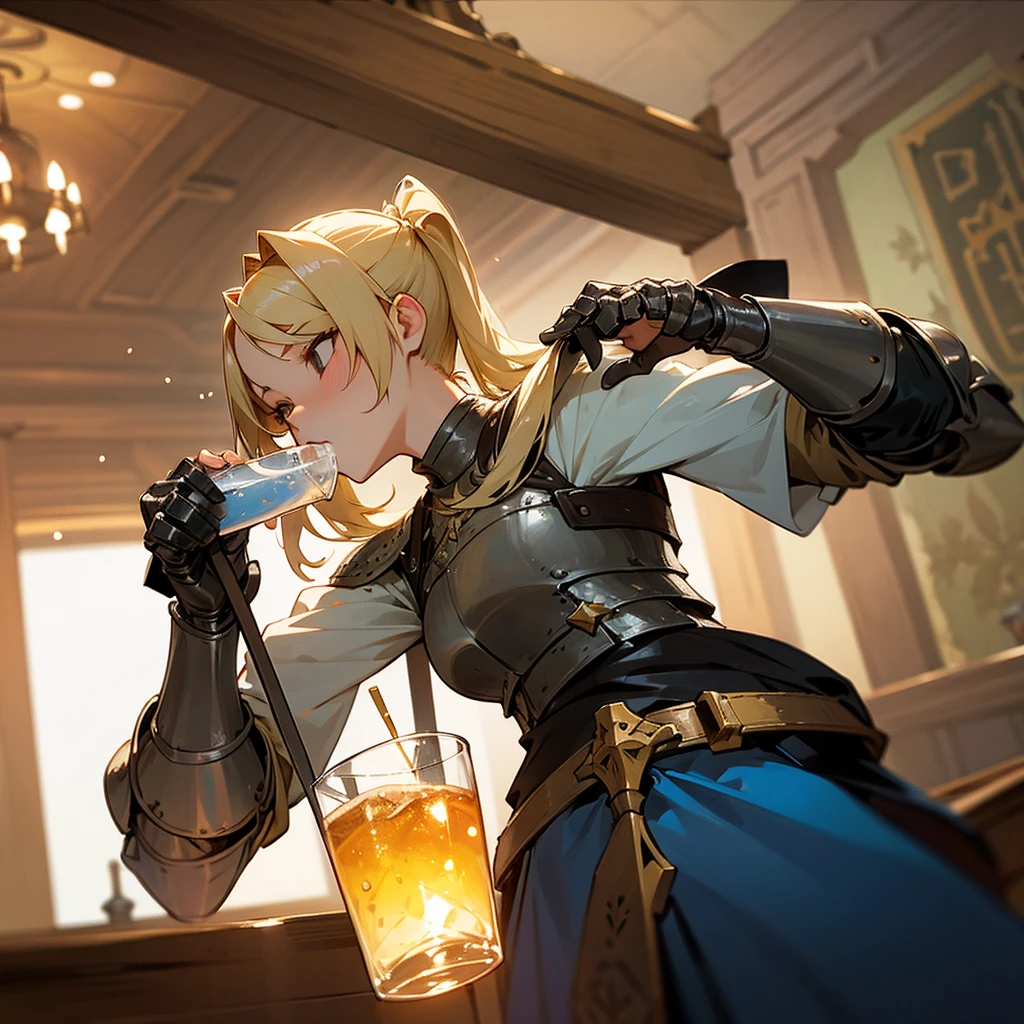 A blonde ponytailed female knight is drinking alcohol at the adventurer&#39;s guild with her breasts exposed.