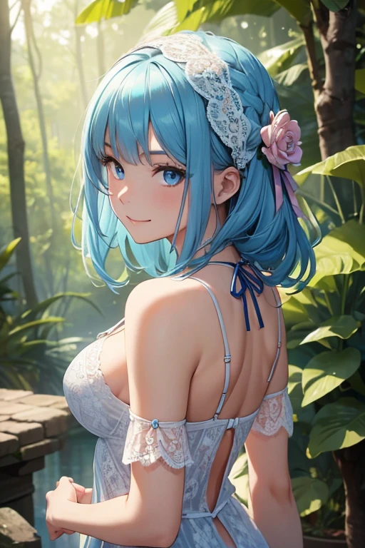 Highest quality、Highest Resolution、Highest quality、beautiful girl, Navy Blue Hair, Blue eyes, White underwear、White lace、((Big Breasts))、super close range、Blue Necklace、Blue earrings、head band、Short Hair、Emphasize the chest