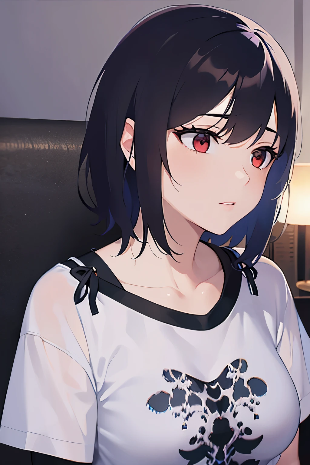 side angle, (looking away:1.5), (night:1.5), mature female、big breasts, Upper Body, (pale skin:1.2), shiny skin, shiny hair、(A woman in her 40s) and (bob cut) and (wavy hair) and (hair between eyes) and (black hair) and (red eyes), (white) and (T-Shirts) 、uneasy, Alone、Sitting、Sofa in the background