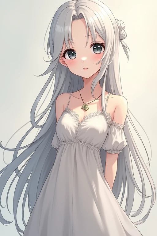 Anime girl Long and white, with a silky, shiny texture that reflects light with a silvery tone. She tends to keep them loose, allowing them to fall in natural waves over her back, or tied up in an elegant bun with a few loose strands that frame her face. Eyes: Large and deep black, with an intense shine that reflects her nature curious and her intellectual spirit. Her eyes have an almost ethereal quality, expressing both the wisdom gained from books and the innocence of her youth.Skin: Clear and flawless, with a pale tone that contrasts softly with the dark color of her eyes and hair. Her skin has a smooth, well-cared-for appearance, enhanced by a care regimen appropriate to her social standing. Attire: Selene prefers elegant, understated clothing that reflects her love of books and her reserved nature. She wears simple but sophisticated dresses, usually in neutral tones like white, gray or light blue. Dresses are adorned with subtle details, such as delicate lace or small pearls, and often have classic cuts that enhance your graceful posture. Height and Body: Average height and with a slender, well-proportioned body. Her bearing is elegant and confident, with a posture that demonstrates both her respect for others and a calm self-confidence. Facial Expression: Selene has an often contemplative and serene expression, reflecting her reserved nature and her deep dedication to reading. Her black eyes can light up with curiosity or soften with an expression of empathy, depending on the situation.Special Features:Accessories: Selene is known for wearing a simple necklace with an old book pendant, which symbolizes her passion for reading and her desire to explore new worlds through stories. Full body