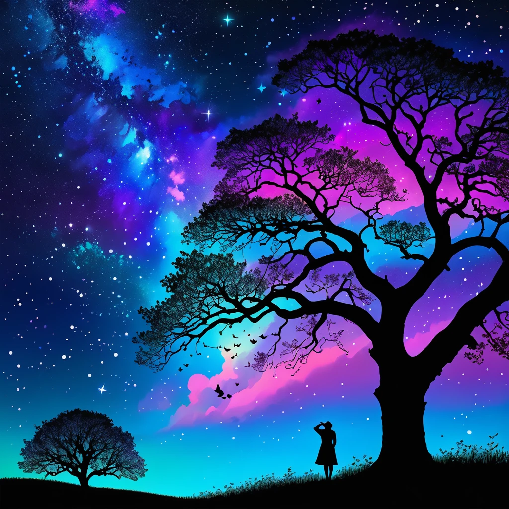 Silhouette of a person gazing upwards at a myriad of stars twinkling in the inky sky, gentle zephyrs rustling through grass, on a whimsical breeze, melodic birds perched and chirping within the branches of an ancient sycamore tree, all composed in a dreamlike vivid neon colors tableau, night-time palette of blues and purples, soft neon glow from the stars, synthesis, high quality, perfect composition