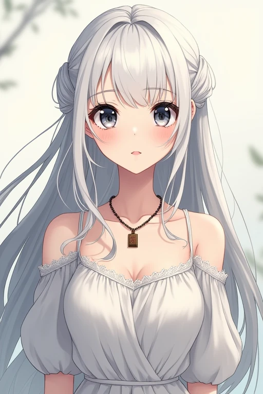 Anime girl Long and white, with a silky, shiny texture that reflects light with a silvery tone. She tends to keep them loose, allowing them to fall in natural waves over her back, or tied up in an elegant bun with a few loose strands that frame her face. Eyes: Large and deep black, with an intense shine that reflects her nature curious and her intellectual spirit. Her eyes have an almost ethereal quality, expressing both the wisdom gained from books and the innocence of her youth.Skin: Clear and flawless, with a pale tone that contrasts softly with the dark color of her eyes and hair. Her skin has a smooth, well-cared-for appearance, enhanced by a care regimen appropriate to her social standing. Attire: Selene prefers elegant, understated clothing that reflects her love of books and her reserved nature. She wears simple but sophisticated dresses, usually in neutral tones like white, gray or light blue. Dresses are adorned with subtle details, such as delicate lace or small pearls, and often have classic cuts that enhance your graceful posture. Height and Body: Average height and with a slender, well-proportioned body. Her bearing is elegant and confident, with a posture that demonstrates both her respect for others and a calm self-confidence. Facial Expression: Selene has an often contemplative and serene expression, reflecting her reserved nature and her deep dedication to reading. Her black eyes can light up with curiosity or soften with an expression of empathy, depending on the situation.Special Features:Accessories: Selene is known for wearing a simple necklace with an old book pendant, which symbolizes her passion for reading and her desire to explore new worlds through stories. Full body