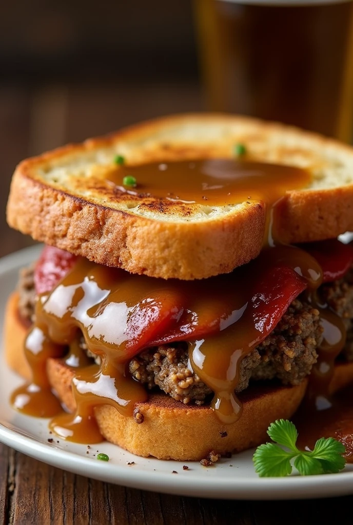 Hot Meatloaf Sandwich – Meatloaf slices with gravy on toasted bread