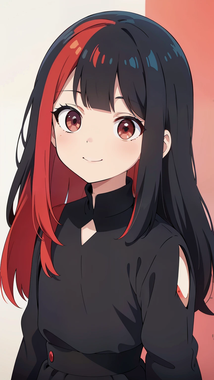(high-quality, breathtaking),(expressive eyes, perfect face) 1female, Symmetrical Eyes, girl , solo, ???, age5, portrait, black colored hair, white colored hair, red coloured eyes, stylised hair, cute smile, medium length hair, side bangs, wavy hair, multicolored hair, short height, black and red dress, cute kids clothing, two tone hair,