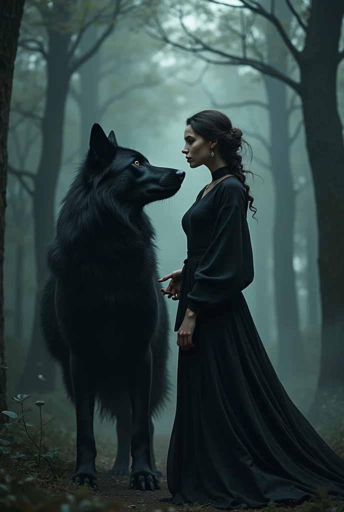 A woman and a black wolf with a woman in black clothing and red lips