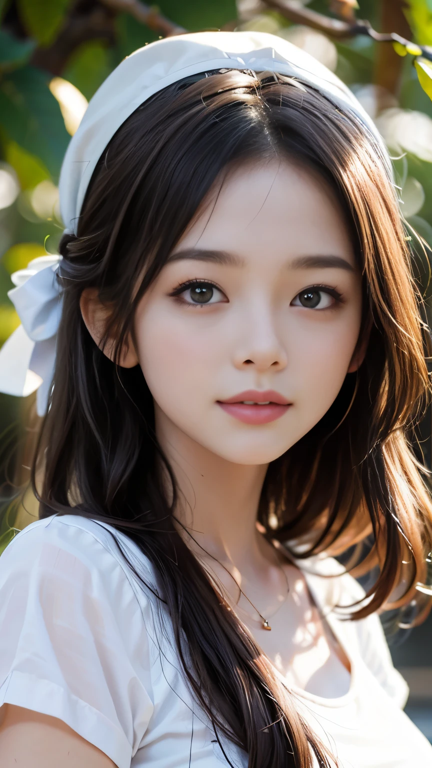 最high quality， masterpiece， One girl， Beautiful Face， （Photo Real：1.3）， Edge Light， （Highly detailed skin：1.2）， 8k, Ultra HD， Digital single-lens reflex camera， high quality， High resolution， 4K， 8k， Bokeh， Absurd， Optimal ratio of four fingers to one thumb， （Realistically：1.3）， かわいいOne girl， Wearing a white T-shirt， Medium ?????， White short dress，A pure sunny smile，