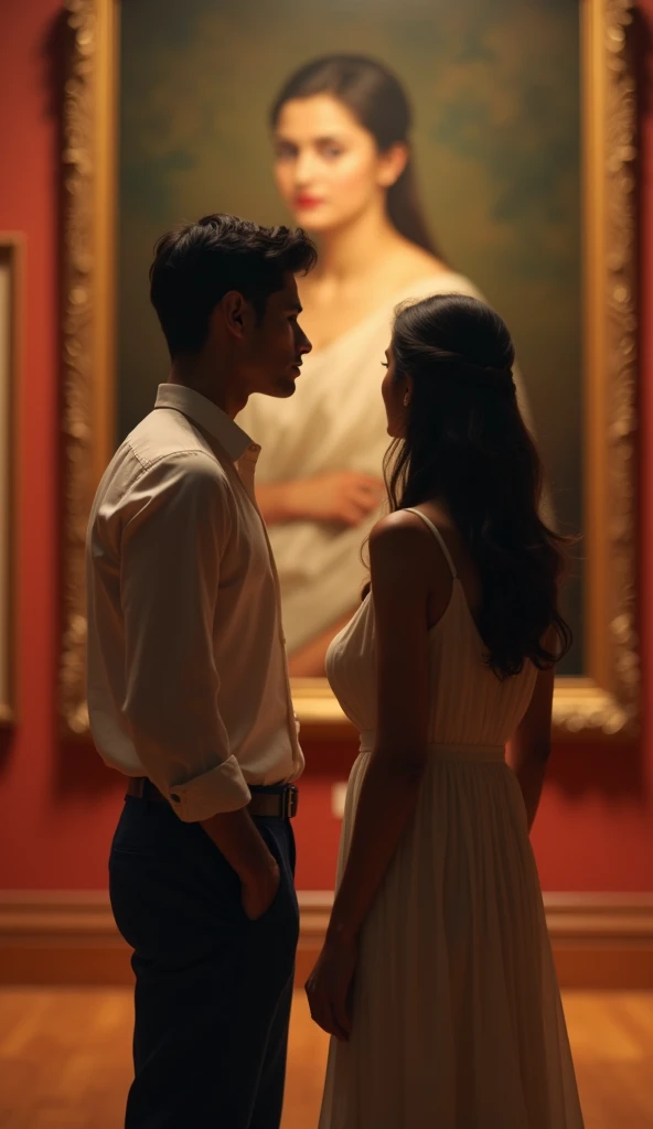 a shy elegant 2 indian college boy and girl standing apart in an art exhibition, girl looking at a masterpiece painting, boy looking at girl with affection, girl wearing a simple but elegant one piece dress, (best quality,4k,8k,highres,masterpiece:1.2),ultra-detailed,(realistic,photorealistic,photo-realistic:1.37),highres,detailed face, detailed eyes, detailed lips, detailed clothing, dramatic lighting, museum interior, warm color tones, oil painting, cinematic composition