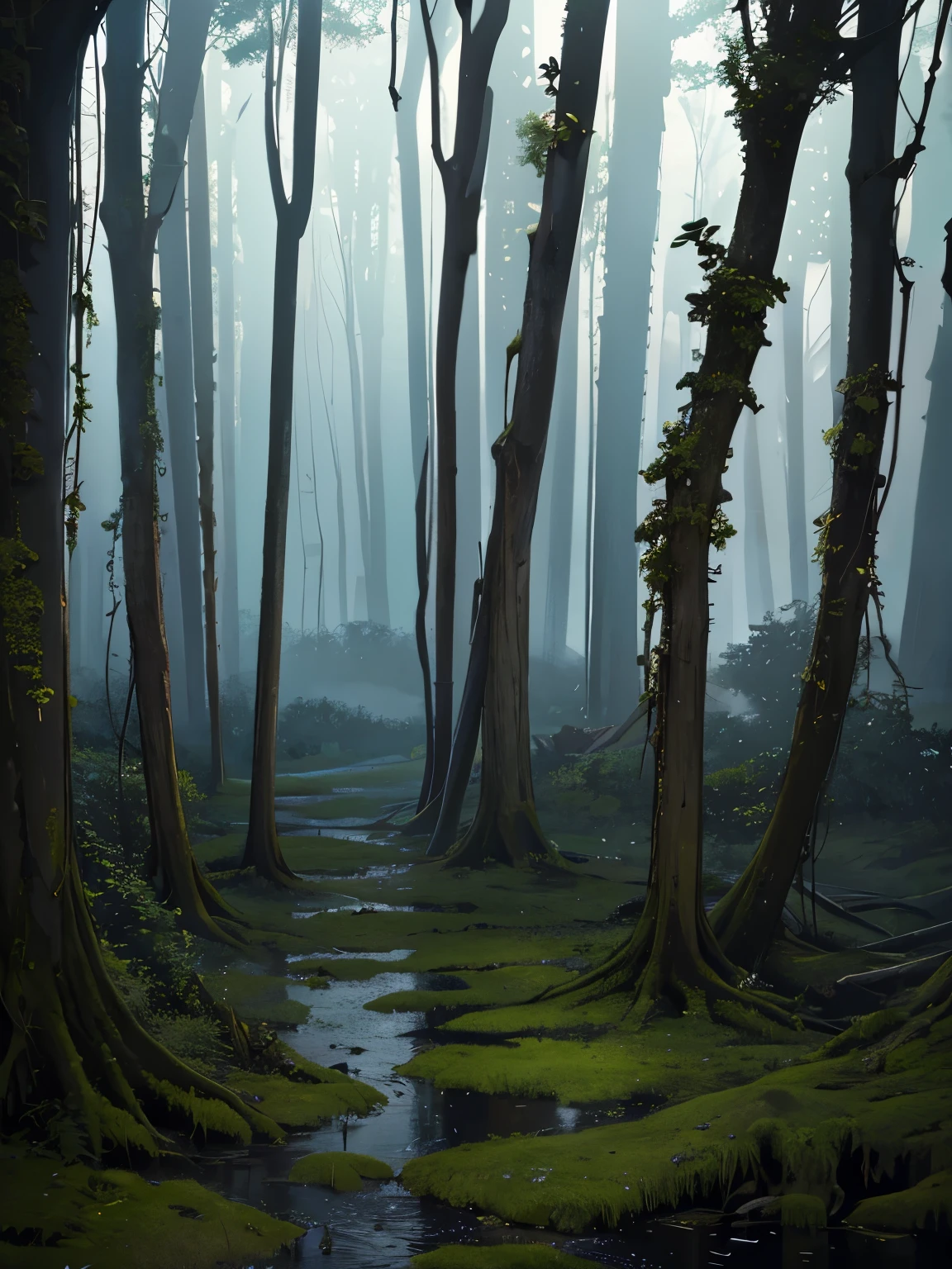 (masterpiece, highest quality:1.2), Ultra-high resolution), RAW Photos, Professional Lighting, Cinema Lighting, (trees, ivy, swamp, dark forest, deep forest, dark atmosphere, fogs, mist),