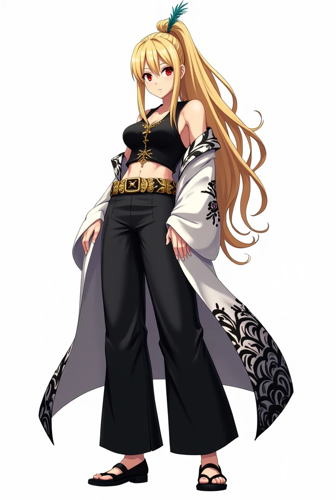 draw in anime style in full growth on a white background: a tall woman with blond hair, bangs in 2 sides, and a high ponytail. She wears a black tank top with gold detailing, and on top of the tank top is a white haori with wide sleeves with black, white and red peacock feather detailing. She is also wearing black wide pants and black shoes. She also has a hairpin with a black, white and red peacock feather on her head. Her eyes are red and not big. Make her expression serious or in a dynamic pose