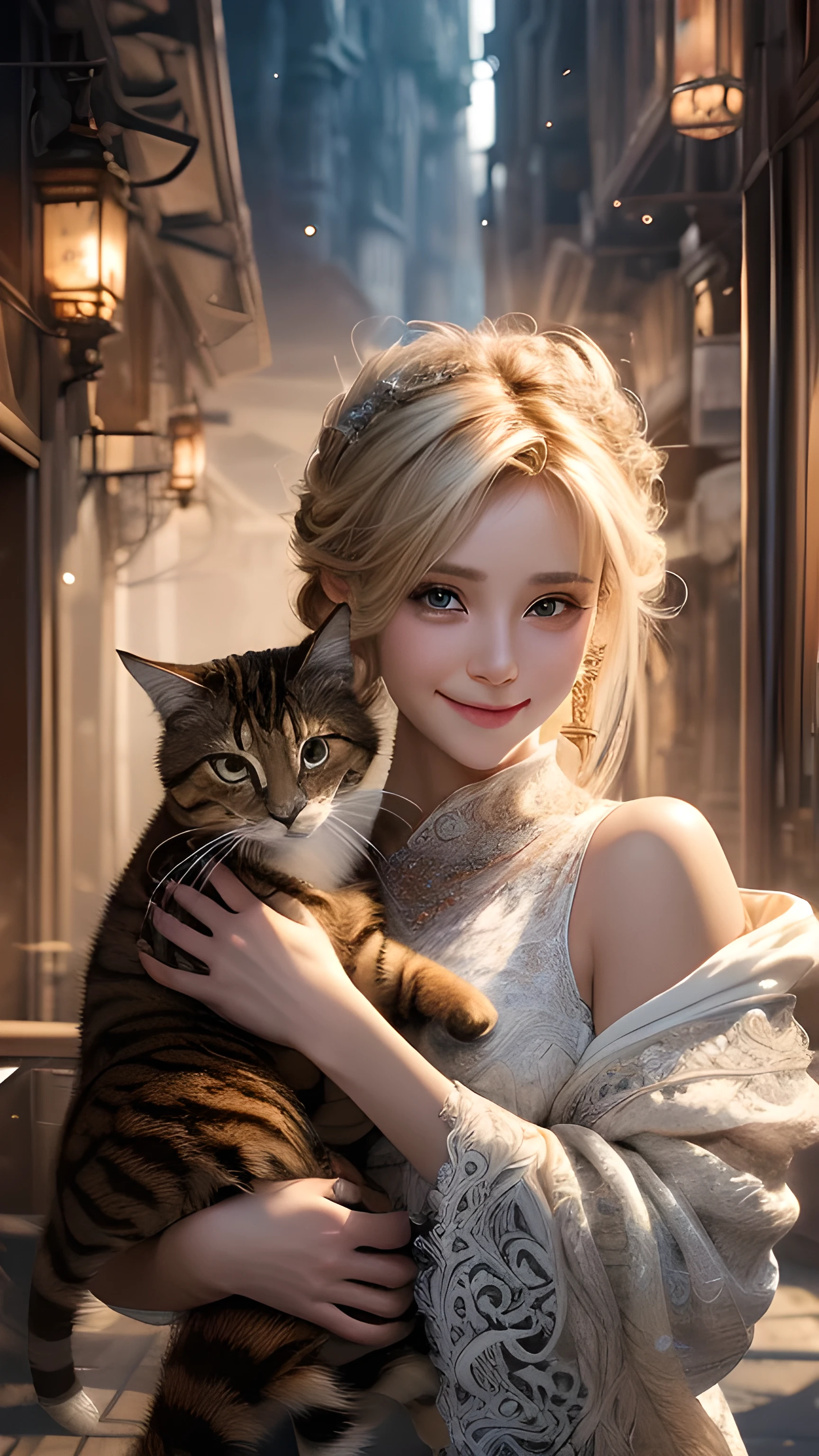 ((Highest quality)),(Ultra-high resolution),(Very detailed),(Detailed Description),((The best CG)),(masterpiece),Ultra-precise art,Amazing drawing art,(Fantasy art with intricate detail:1.5), Pray to the stars, storm、Very detailed CG Unity 8k wallpaper, Cute single woman, ２ Blonde girl, beautiful girl, A passionate maiden, White skin (超masterpiece, Beautiful person, well detailed face polluted smilee, Realistic, surreal), 、Girl holding a cute brown striped cat in her arms, (Lighting)、smile,Upper Body 、Flat Chest
