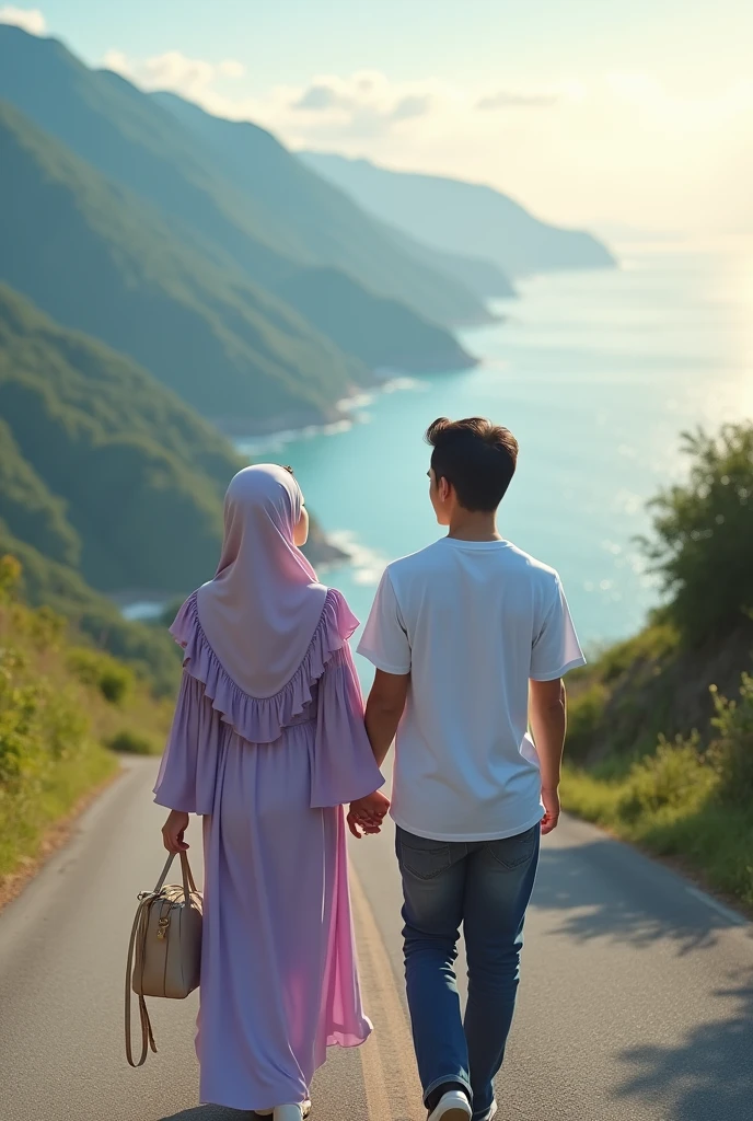 (photorealism:1.2), A young woman and Man wearing a hijab and a light purple long dress with ruffled sleeves is walking along a scenic mountain road. Open Face She is holding and Looked camera, a beige hand bag in one hand and one hand toch Man looks serene as she enjoys the ocean . The road is flanked by lush greenery and towering mountains, ocean setting in the background, casting a vivid glow over the scene. Her Watching Camera The atmosphere is peaceful and tranquil, with a soft breeze gently blowing through the landscape. Vivid Realistic, 8K, Ultra HD