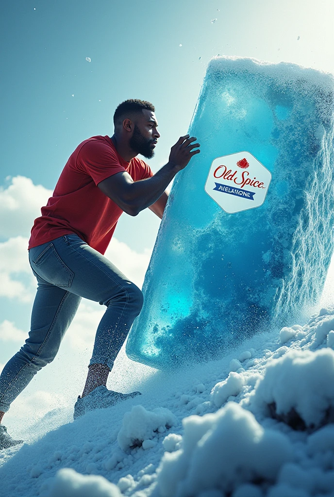 Visual:
scenery: A dark-skinned man with a strong and charismatic appearance is in a scene that mixes the everyday with the extraordinary. For example, could be pushing a giant block of ice uphill, with a determined expression on his face. As the ice pushes, You can see the ice crumbling into small fragments that transform into images of fresh and energetic situations (a crystal clear sea, A waterfall, etc.).
design: The ice block has the Old Spice logo etched into it., and the surroundings have cool and refreshing tones, with touches of red that highlight the Old Spice branding.