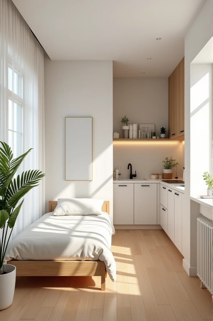 Generate an image of an interior of a small apartment room (color pallet is white or wooden) with bed, bathroom, kitchen, and study table