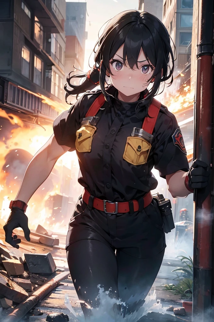 "A heroic female firefighter in full gear, standing in front of a blazing building. Her face is smudged with soot, but her eyes are full of determination and courage. She holds a fire hose, ready to fight the flames, with the glow of the fire casting dramatic light on her figure.