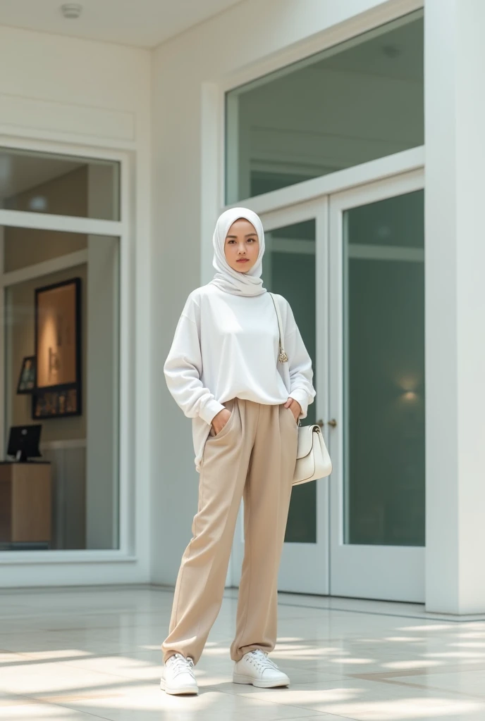 Top Quality, Masterpiece, High Resolution, 8k, a young indonesian woman standing in front of a white building with a large glass door. She is wearing a white hijab, a long-sleeved top, beige pants, and white sneakers. She has a white bag slung over her shoulder and is posing with her hands on her hips. The building has a modern design with white walls and a large window on the left side. Through the window, we can see a store with a counter and a display case with various items inside. The woman is looking directly at the camera with a confident expression. Lora : Indonesian LifeLike. Reailistic photo, perfect fingers. Perfect body