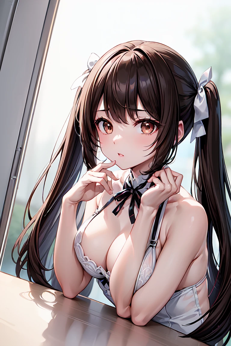 Young cute girl、Middle school students、Seraphim, Black Hair, Twin tails, From the side, classroom, Raise the hand, break, (anime), (masterpiece, Highest quality: 1.2), (Ultra-high resolution: 1.2), (RAW Photos: 1.2), (Ultra High Definition CG Integrated 8K Wallpaper: 1.2), (Beautiful Skin: 1.2), (Pale skin: 1.3), (Beautiful pretty face: 1.3), (Ultra-realistic photos), (Ultra-sharp images), (Hyper-detail image), (Hyper Sharp Focus: 1.5), (Super sharp focus: 1.5), reflection, refraction:1.4、((Normal size breasts、D Cup、slender))、((White underwear))、((Dark brown eyes))