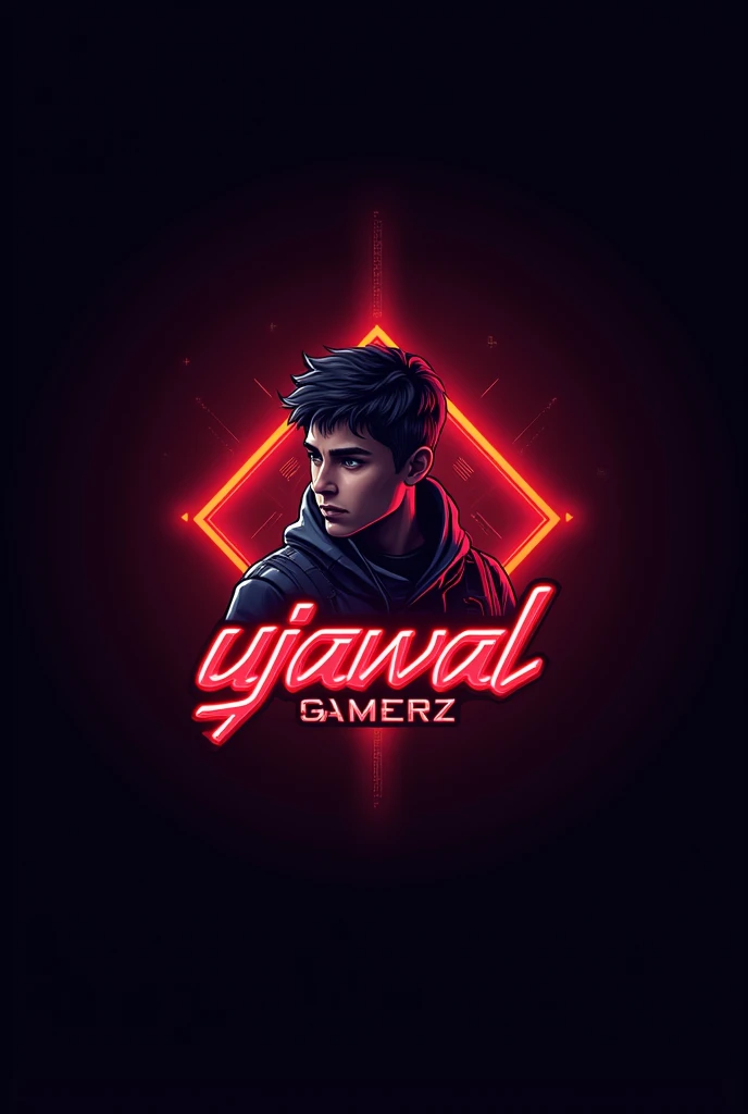 This is a gaming logo that features the name "UJJAWAL GAMERZ" in a futuristic font and a neon Red color. and gaming boy avtar.
